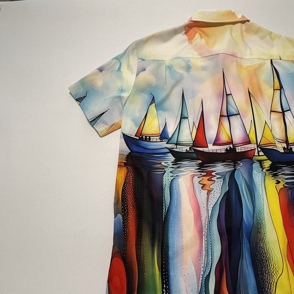 Royaura Men's Hawaiian Short Sleeve Medium Multi Color Sail Boat Print Shirt - Picture 6 of 14